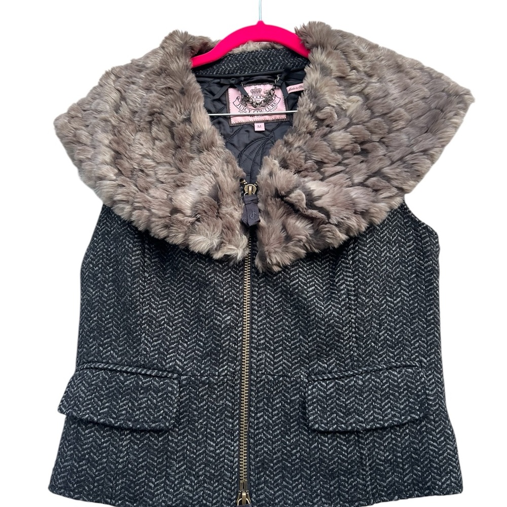 Juicy couture women’s wool blend vest full zip faux fur collar Size M preppy